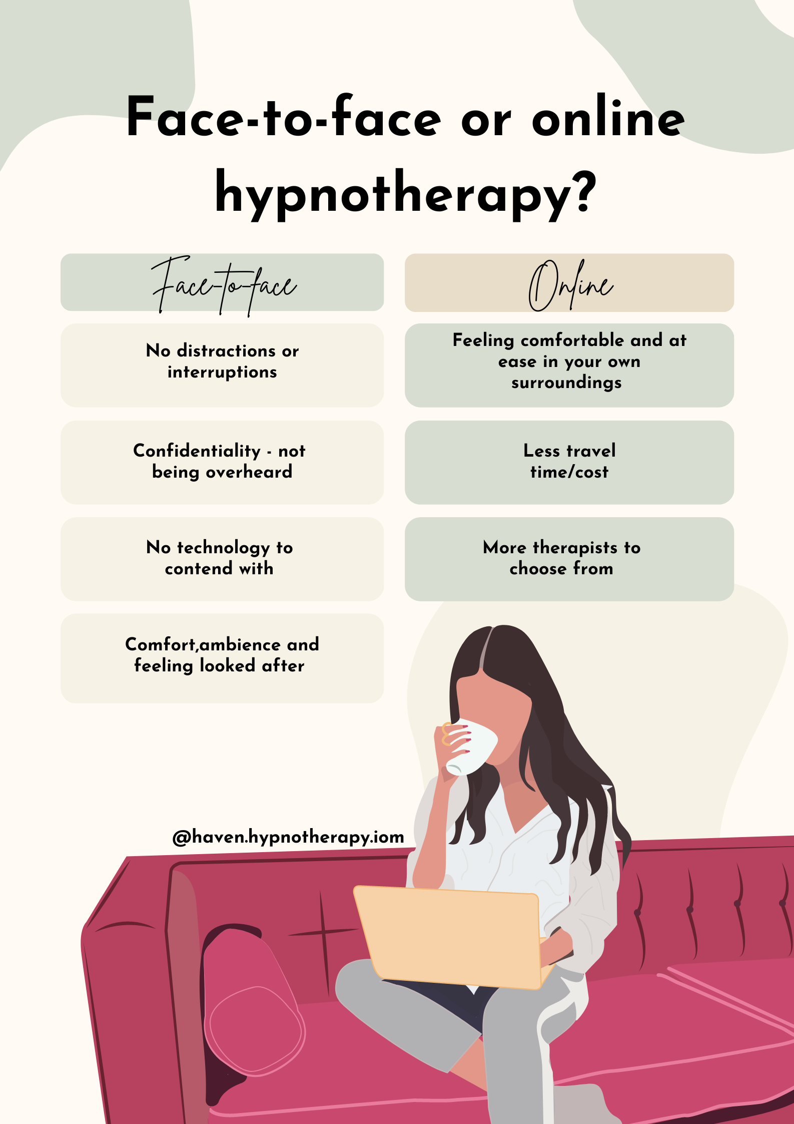 Infographic to explain advantages of online and face-to-face hypnotherapy